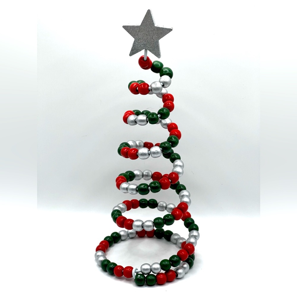 Primitive Spiral Beaded Christmas Tree Red Green Silver Beads Silver Star 11 in